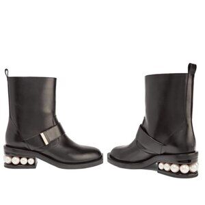 Nicholas Kirkwood Casati Leather Pearl Embellished Biker Boots Booties Combat 38